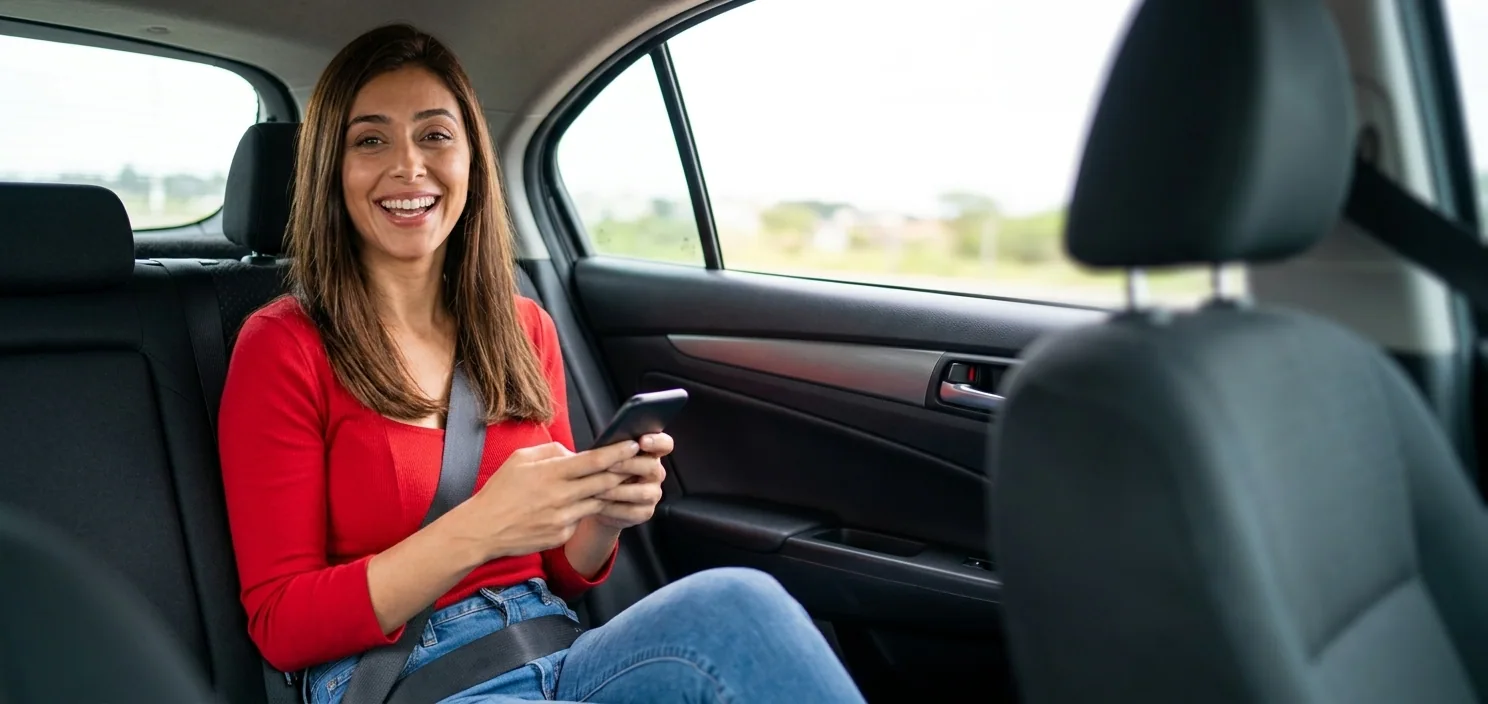 Passageira sorrindo com o celular no banco traseiro do carro.